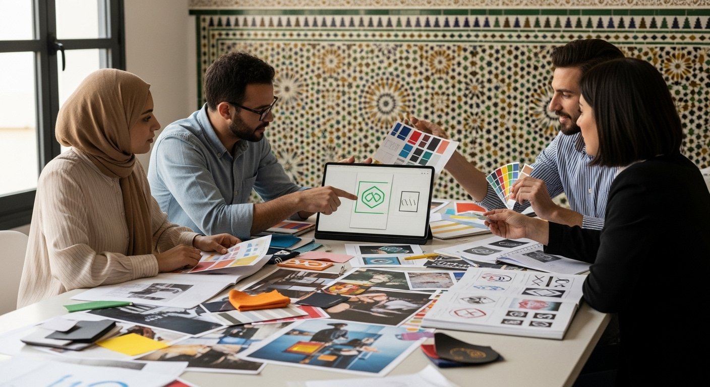 Une équipe créative dans une agence de design moderne à Casablanca, collaborant autour d'une table lumineuse avec des moodboards, des palettes de couleurs et des esquisses de logo, avec des éléments de design marocain zellige en arrière-plan.