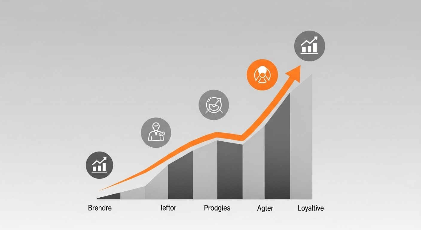 Graphique stylisé montrant la croissance de la notoriété et de la perception positive d'une marque marocaine avant et après l'intervention d'une agence de branding, avec une courbe ascendante et des icônes symbolisant la confiance et la fidélité.